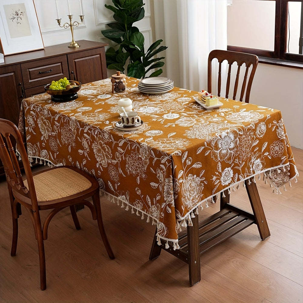 Peacock Blossom Boho Floral Tablecloth with Tassel Rust Bloom