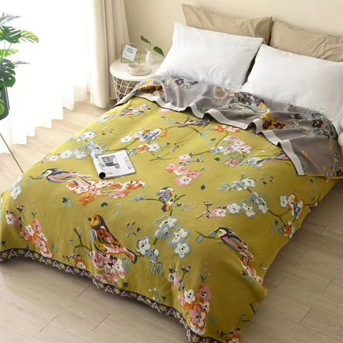 Boho Garden Bird Floral Blanket | 100% Cotton Blanket 79"x90.5"
