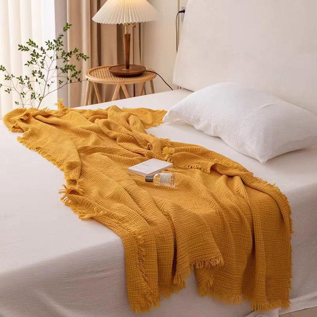 Bold Color Cotton Knitted Blanket with Tassel Ginger Yellow