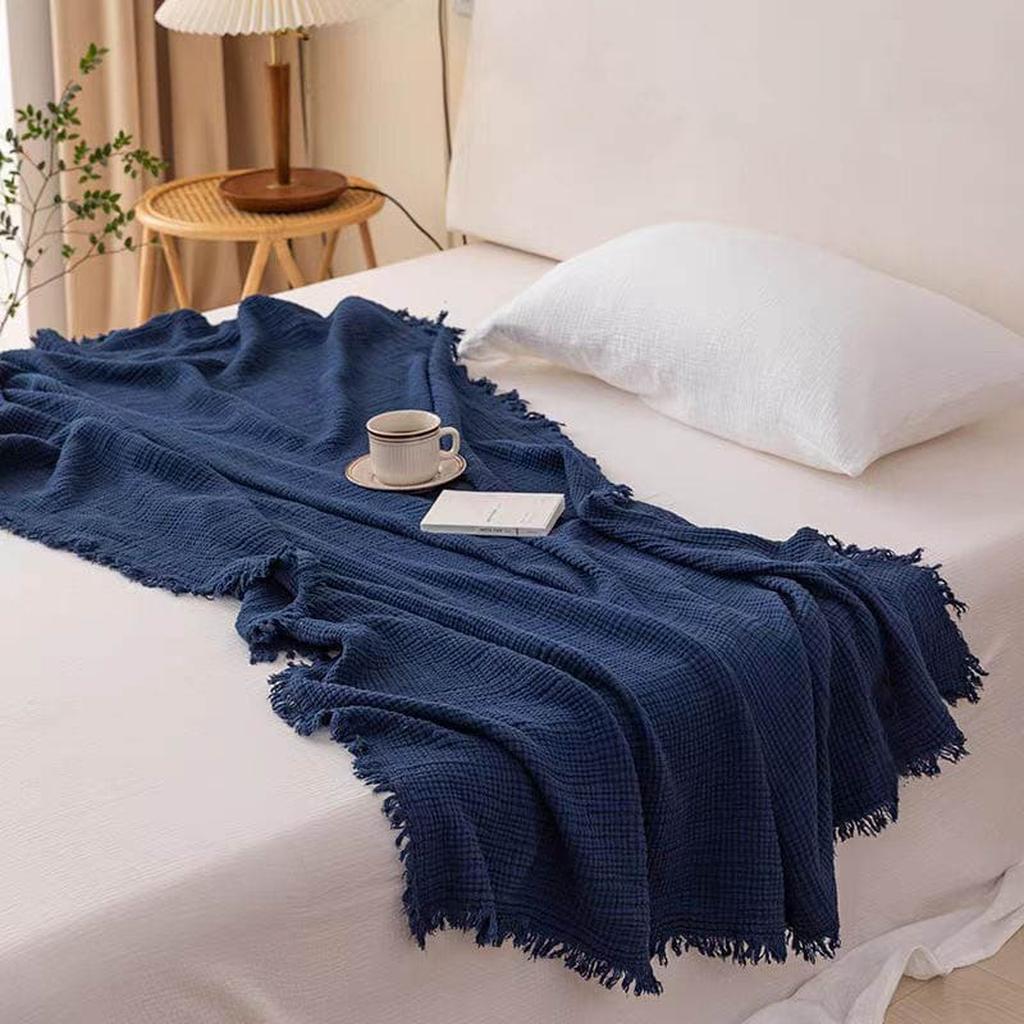 Bold Color Cotton Knitted Blanket with Tassel Blue