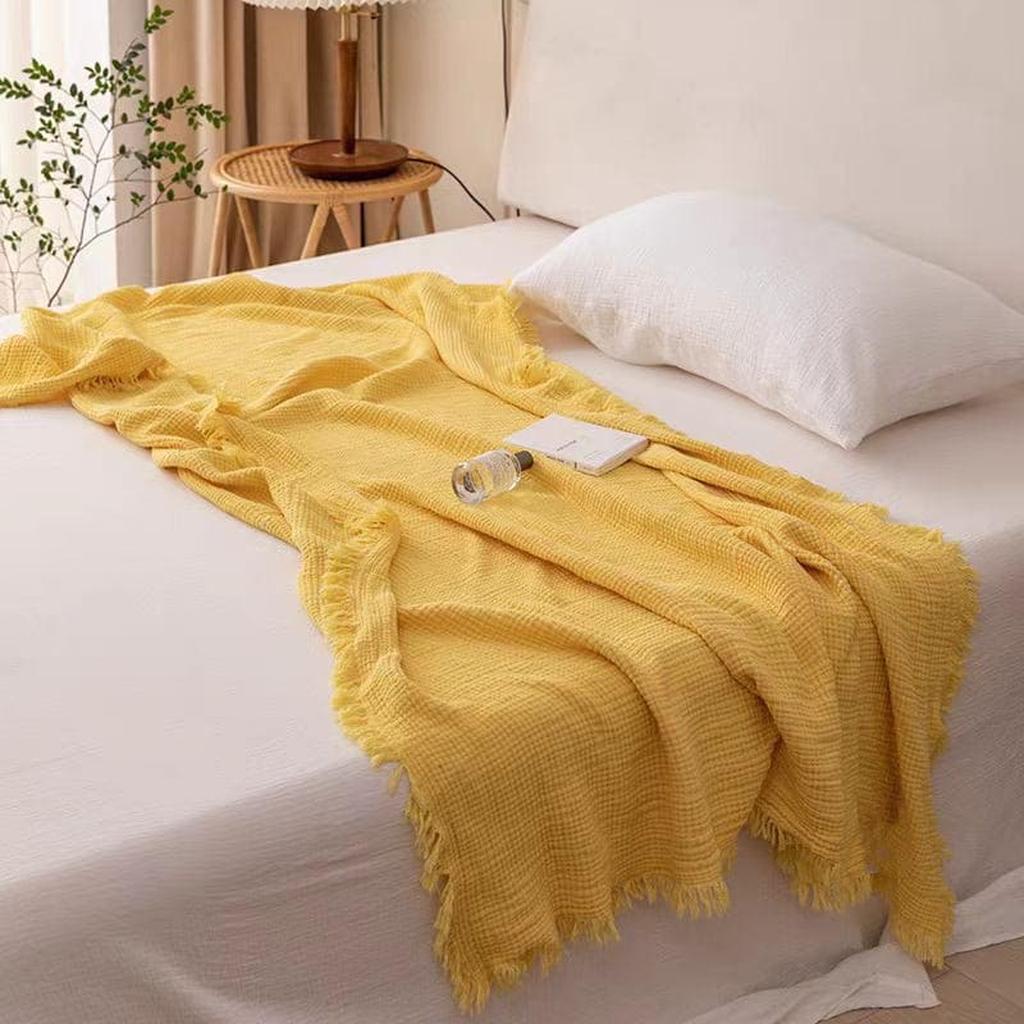 Bold Color Cotton Knitted Blanket with Tassel Yellow