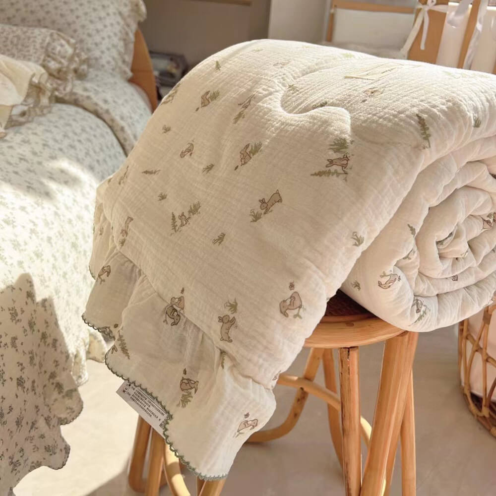 Bunny Print Muslin Quilt – Ruffle Edge Cotton Bedding
