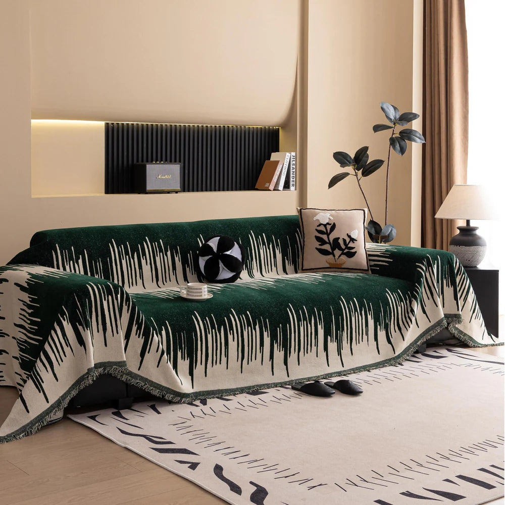 Brushstroke Vertical Pattern Chenille Sofa Cover Emerald Cream