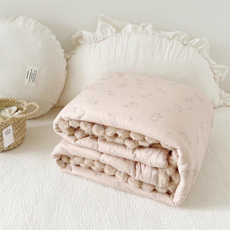Bunny Print Kids Cotton Comforter – Pom Pom Trim Bunny - Khaki