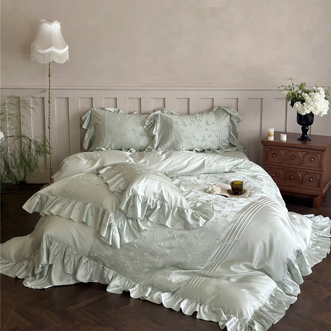 Butterfly Embroidered Bedding Set Light Green