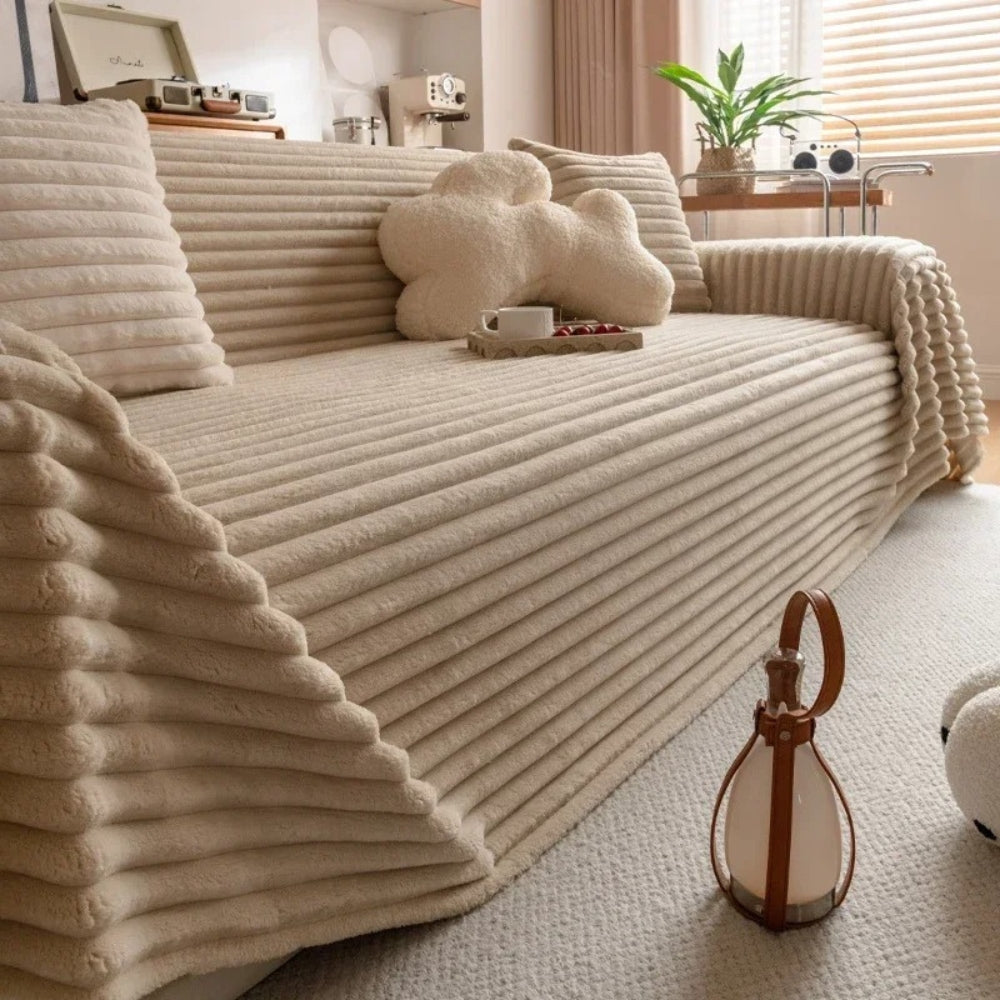Plush Striped Warm Sofa Cover Almond Beige