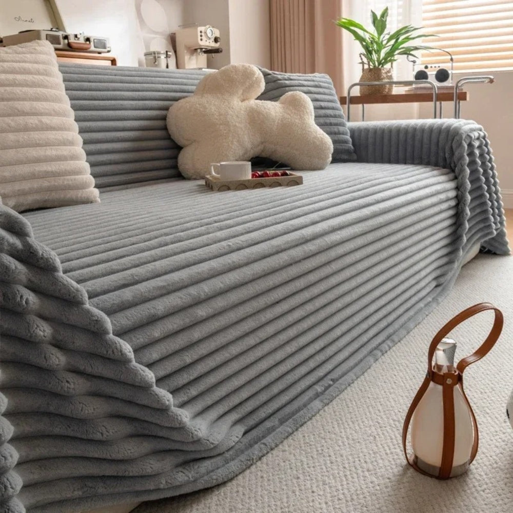 Plush Striped Warm Sofa Cover Dusty Gray