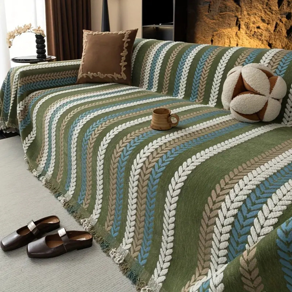 Cascade Stripe Sofa Cover Green Weave
