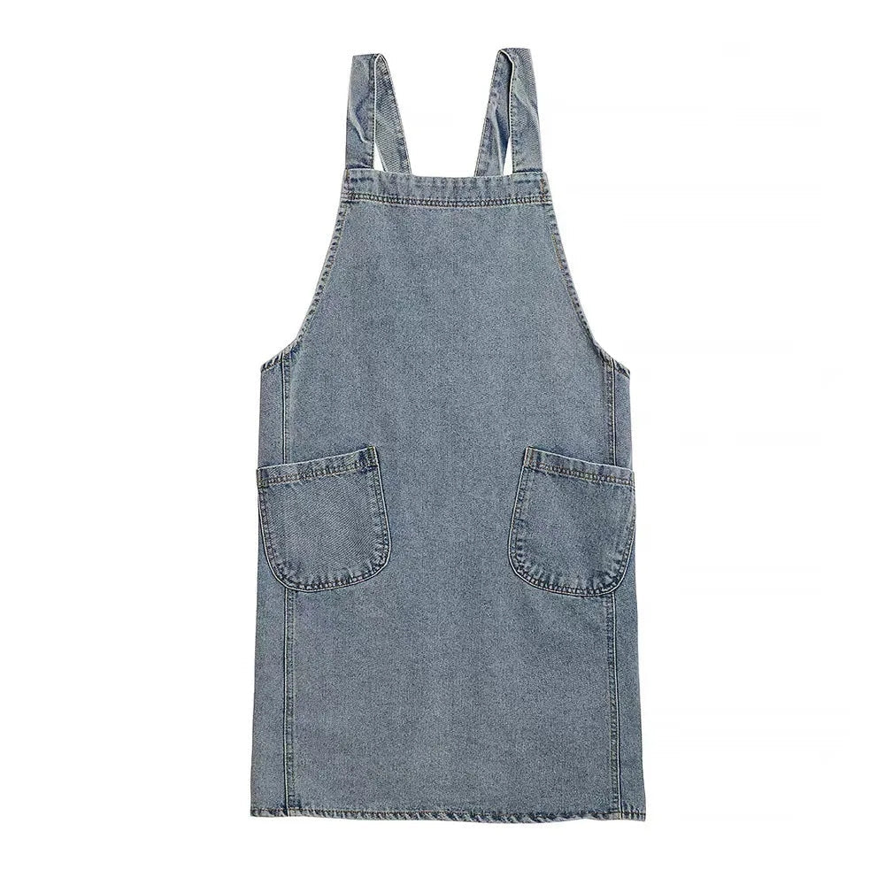 Casual Cotton Denim Pocket Apron Stone Wash