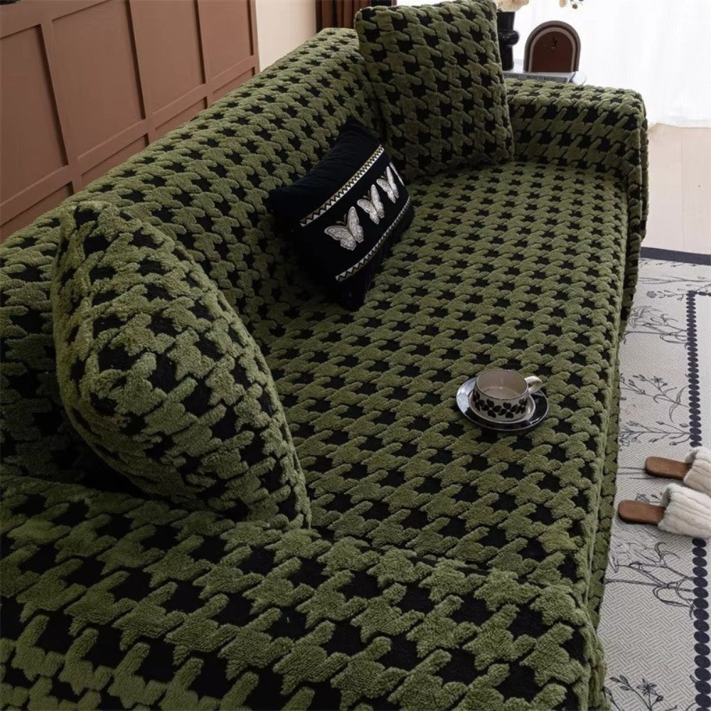 Cavalli Houndstooth Plush Sofa Cover Green