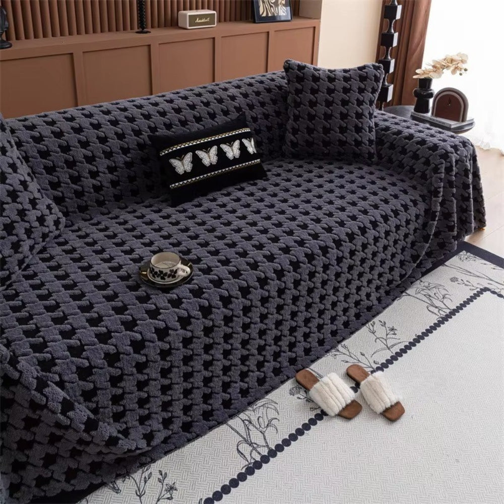 Cavalli Houndstooth Plush Sofa Cover Dark Gray