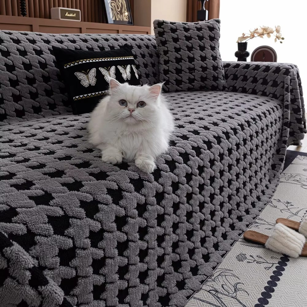 Cavalli Houndstooth Plush Sofa Cover Light Gray