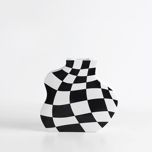 Ceramic Checkered Flower Vase Black White Small