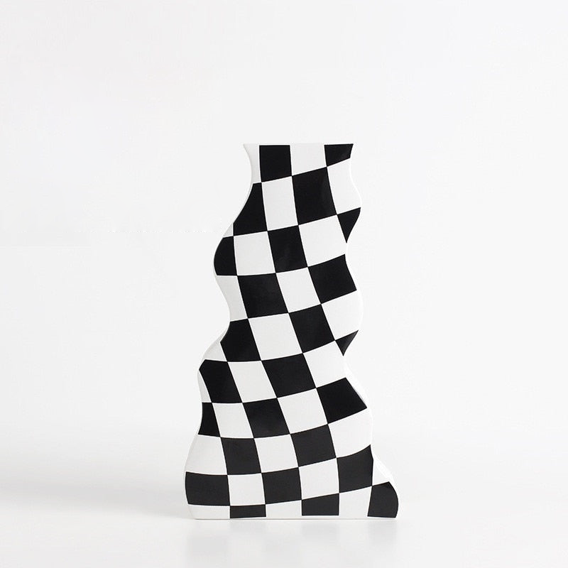 Ceramic Checkered Flower Vase Black White Medium