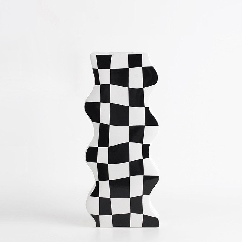 Ceramic Checkered Flower Vase Black White Large