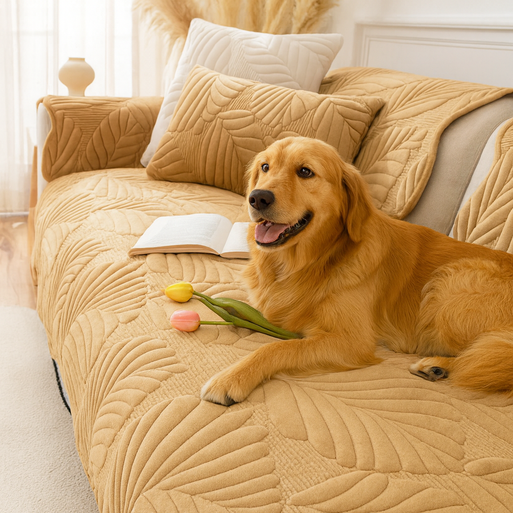 Kid & Pet Friendly Couch Cover - Non-Slip & Plush Camel