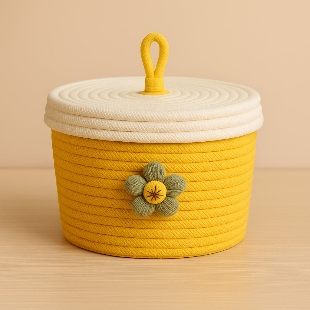 Nora Handwoven Storage Cotton Basket with Lid Yellow