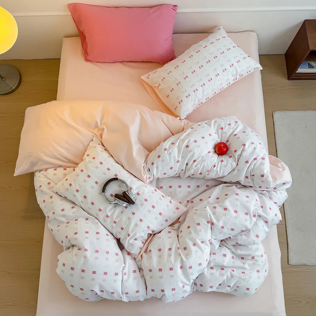 Check Jacquard Bedding Set Pink