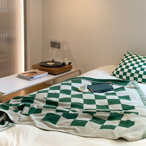 Checkboard Contrast Knitted Terry Blanket Green