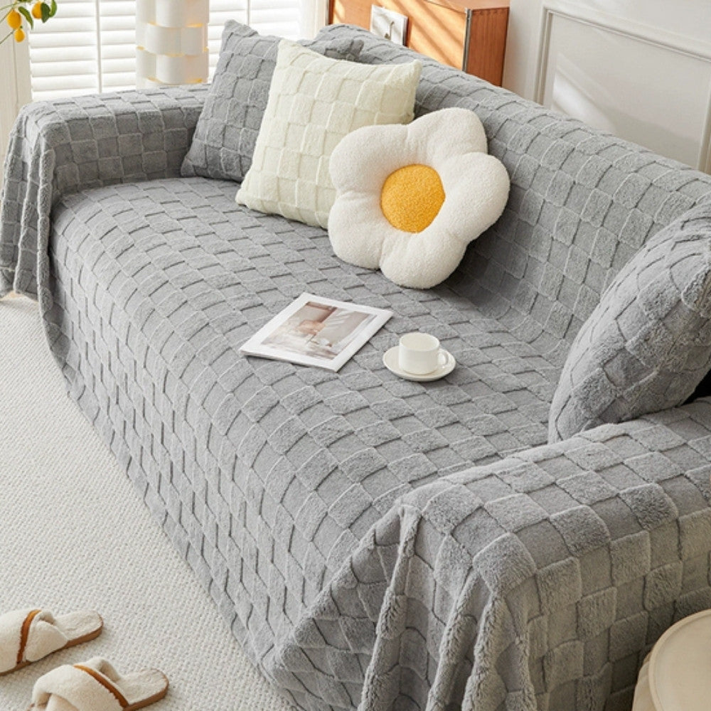 Checkered Plush Velvet Sofa Cover Gray