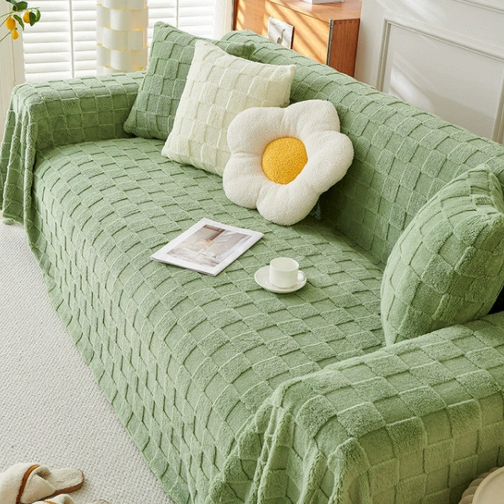 Checkered Plush Velvet Sofa Cover Green