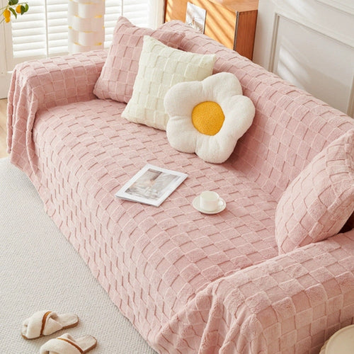 Checkered Plush Velvet Sofa Cover Pink