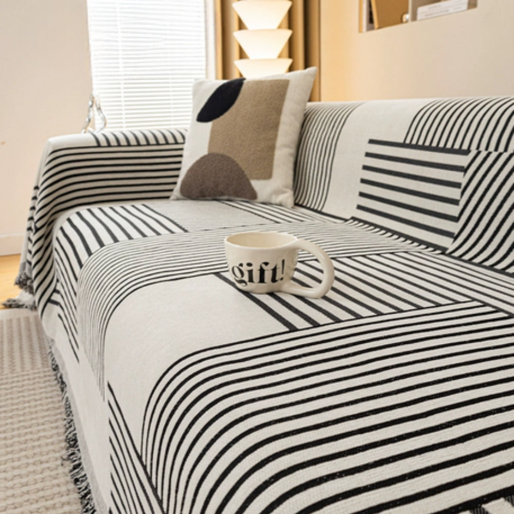 Chenille Striped Tassel Sofa Cover Midnight Lines