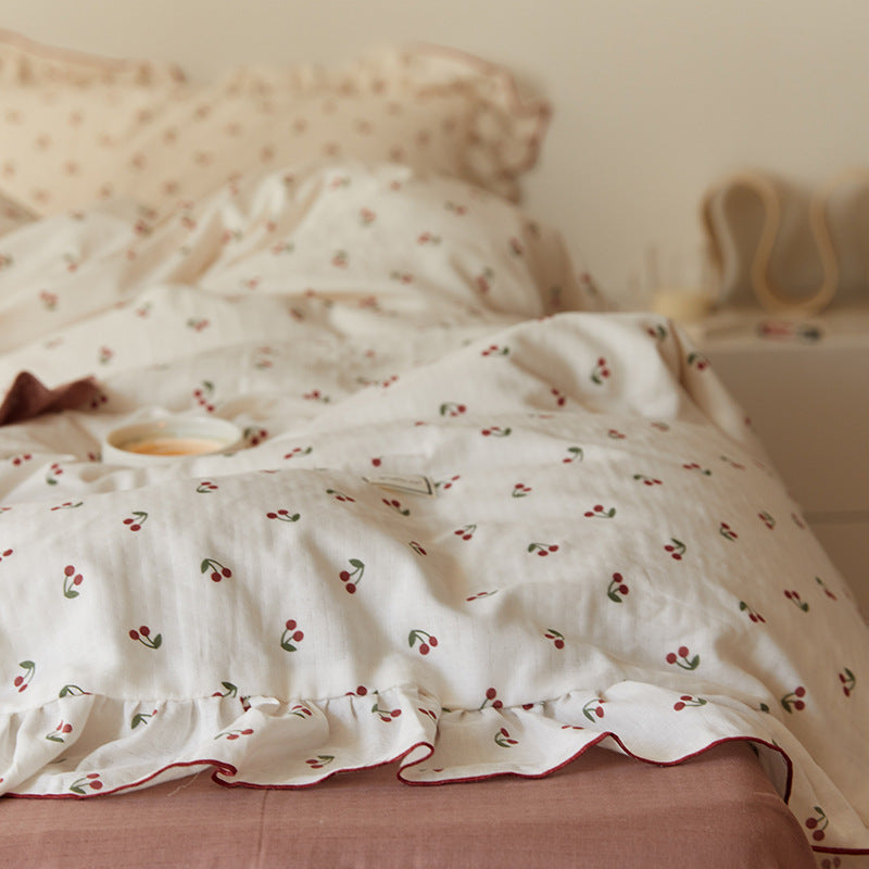 Soft Cotton Muslin Bedding Set – Cherry Print with Ruffle