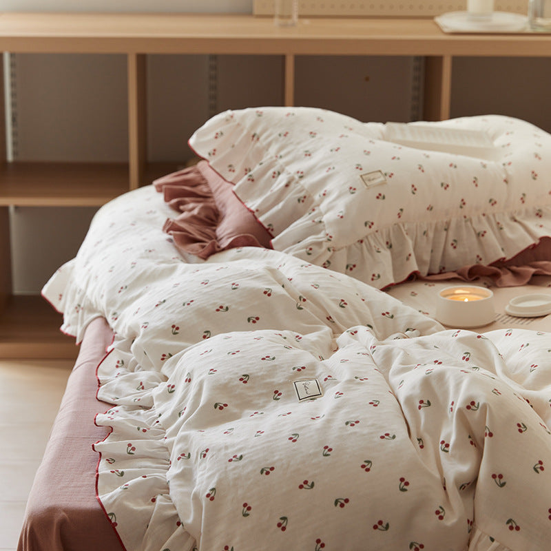 Soft Cotton Muslin Bedding Set – Cherry Print with Ruffle