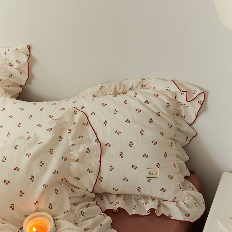Soft Cotton Muslin Bedding Set – Cherry Print with Ruffle