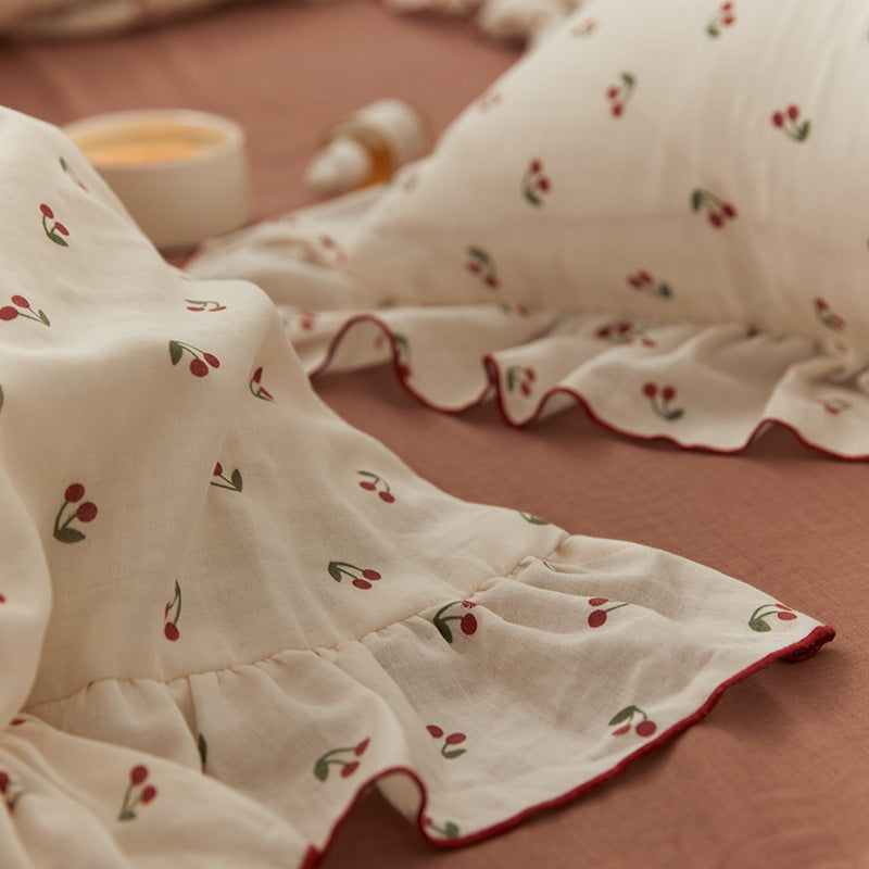 Soft Cotton Muslin Bedding Set – Cherry Print with Ruffle