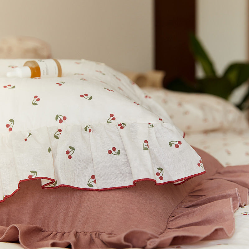 Soft Cotton Muslin Bedding Set – Cherry Print with Ruffle