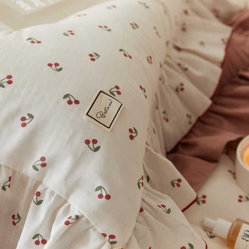 Soft Cotton Muslin Bedding Set – Cherry Print with Ruffle