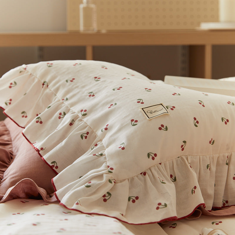 Soft Cotton Muslin Bedding Set – Cherry Print with Ruffle
