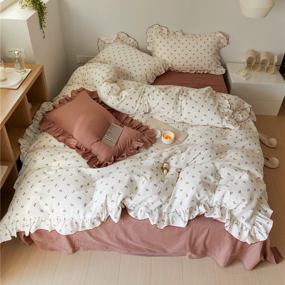 Soft Cotton Muslin Bedding Set – Cherry Print with Ruffle
