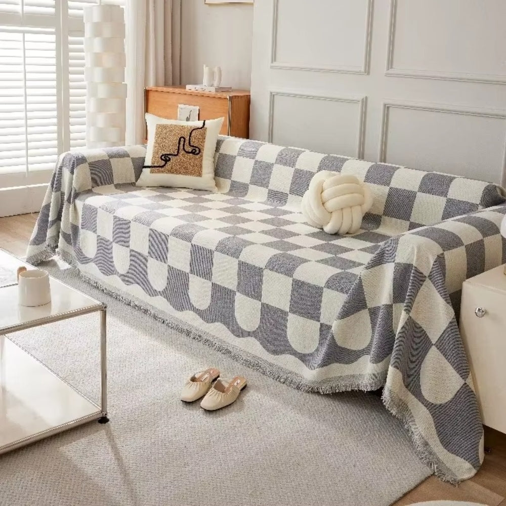 Chess Board Chic Tasseled Sofa Cover Gray