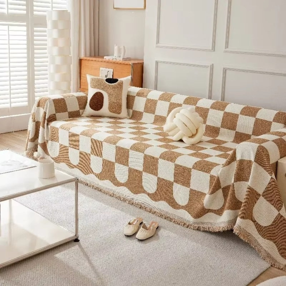 Chess Board Chic Tasseled Sofa Cover Beige