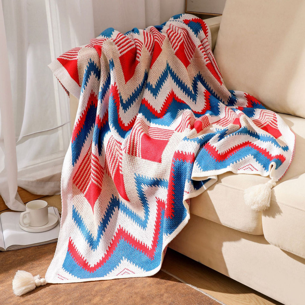 Chevron Knitted Throw Blanket with Tassels – 51" x 67"