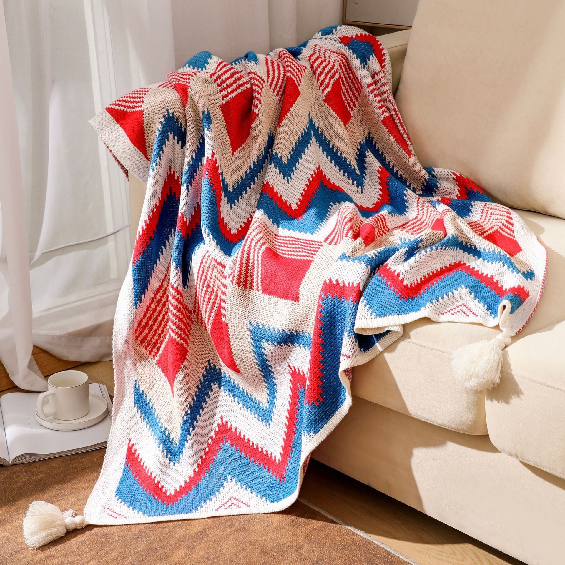 Chevron Knitted Throw Blanket with Tassels – 51" x 67"