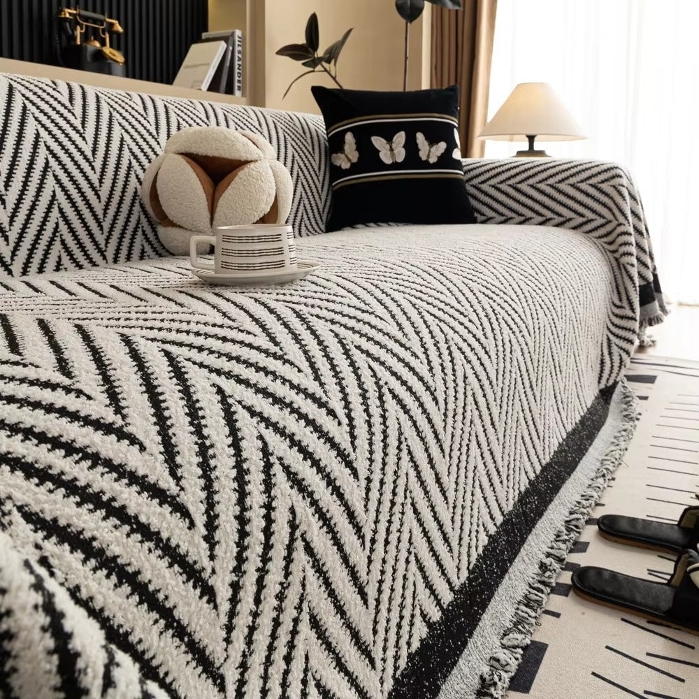 Chevron Herringbone Tassel Sofa Cover Ivory Chevron