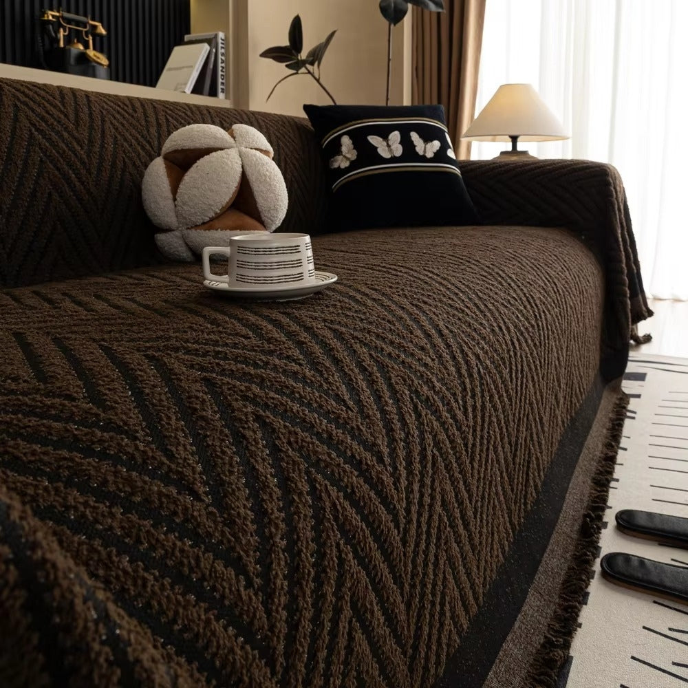 Chevron Herringbone Tassel Sofa Cover Espresso Herringbone