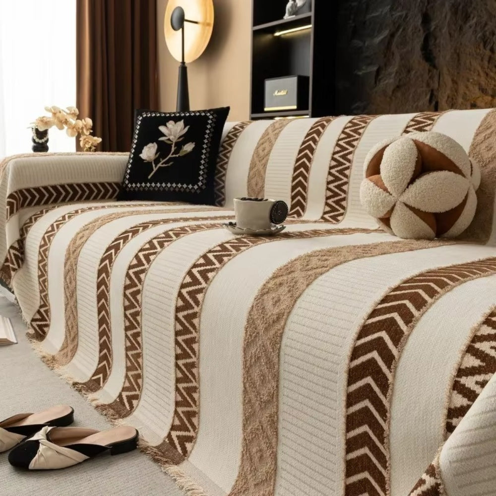 Chevron Pattern Chenille Sofa Cover Café Brown
