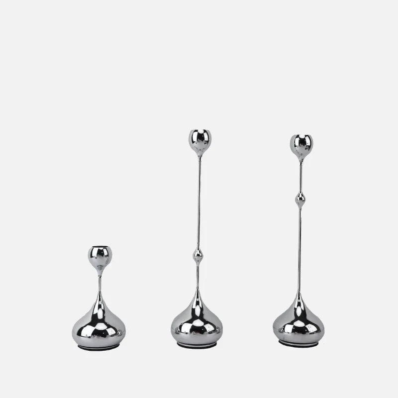 Chrome Drop Dining Candle Holder Set Silver 3 Pcs