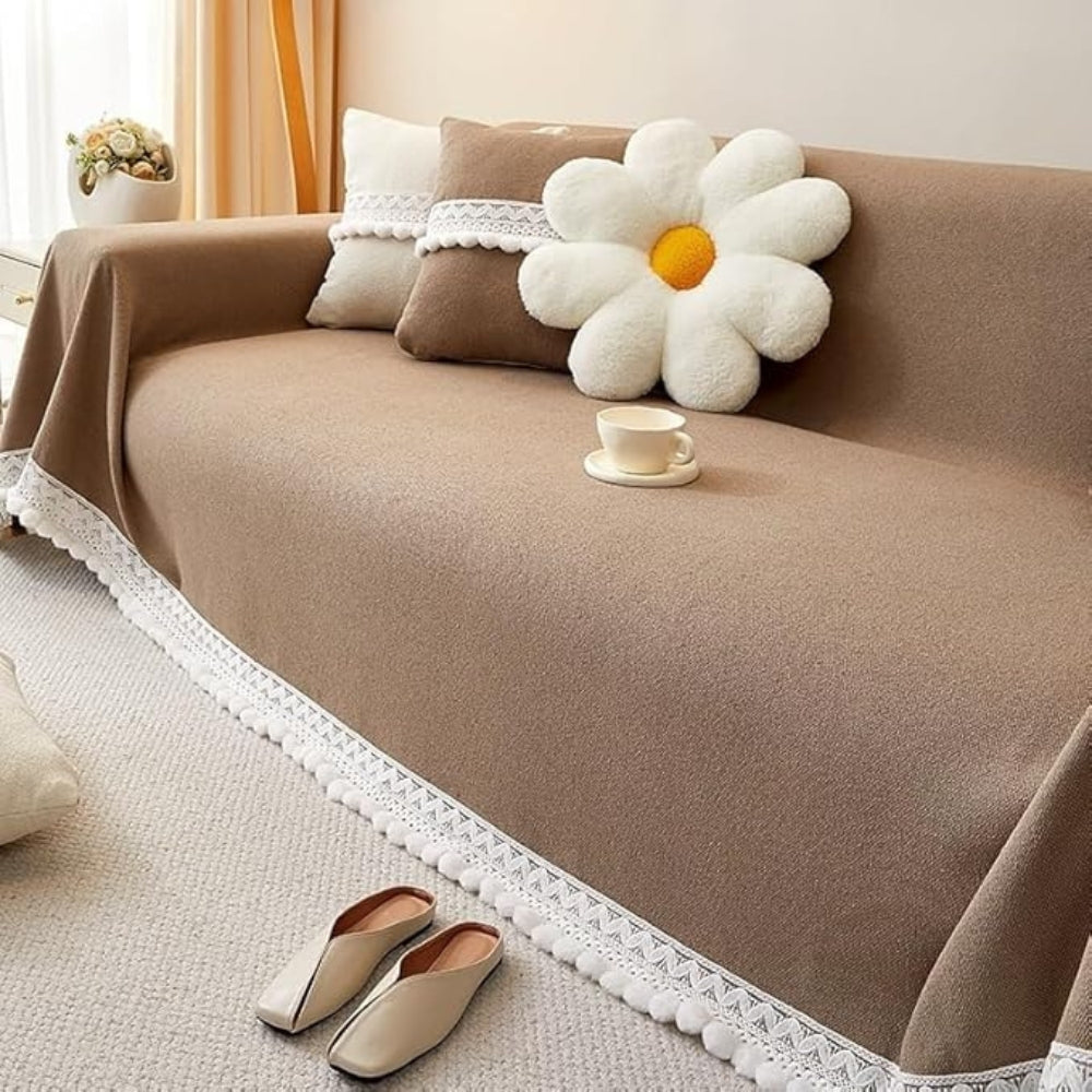 Classic Chenille Lace Edge Sofa Cover Mocha Brown