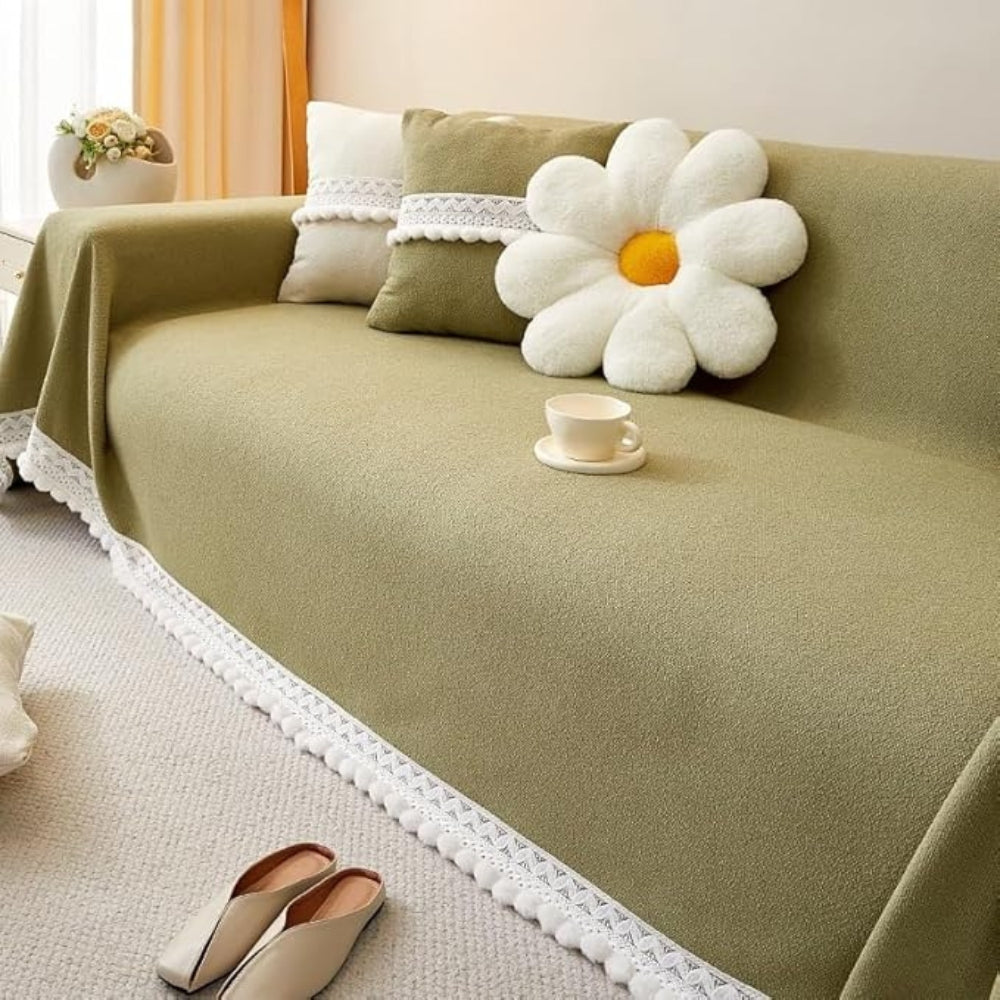 Classic Chenille Lace Edge Sofa Cover Olive Green