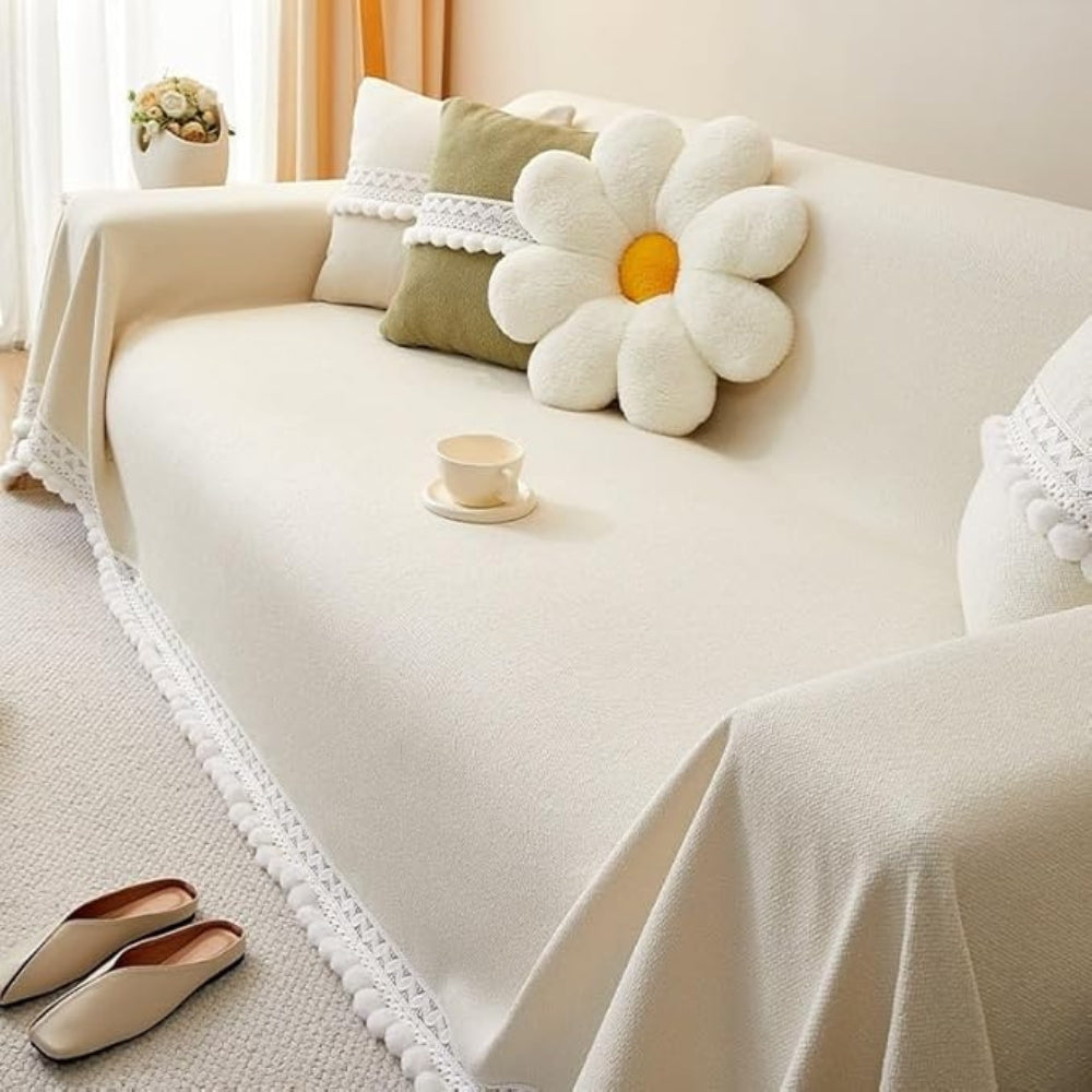 Classic Chenille Lace Edge Sofa Cover Ivory Cream