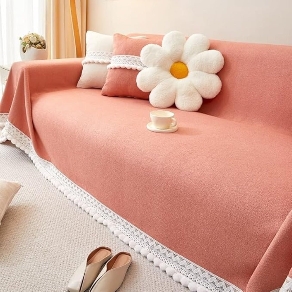Classic Chenille Lace Edge Sofa Cover Coral Blush