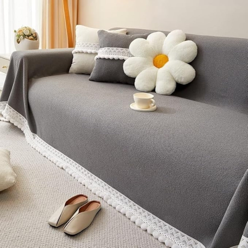 Classic Chenille Lace Edge Sofa Cover Slate Gray