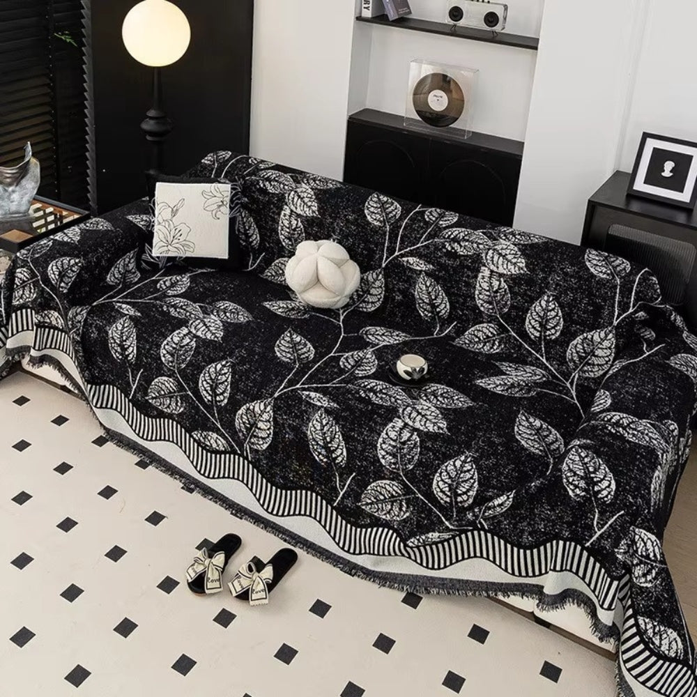 Classic Chenille Leaf Sofa Cover Midnight Shade