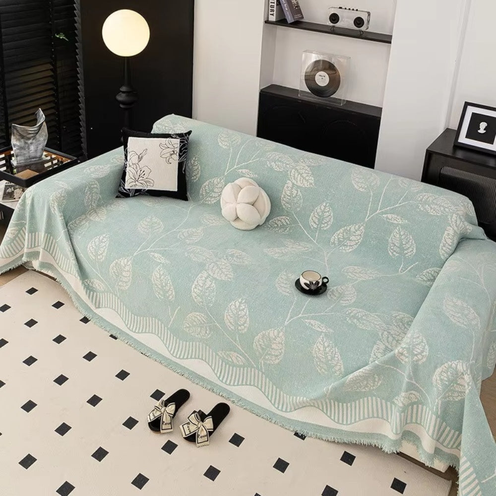 Classic Chenille Leaf Sofa Cover Aqua Breeze